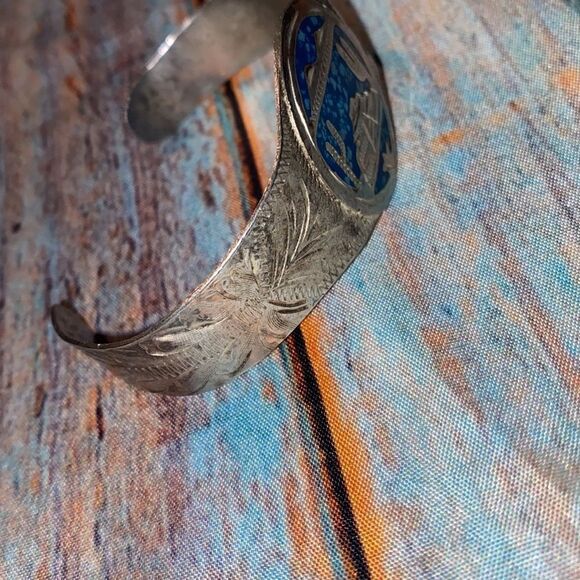 Vtg Sterling Silver Turquoise Inlay Southwestern Signed Scene Cuff Bracelet - Picture 4 of 10